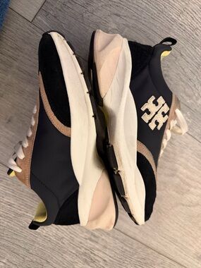 Tory Burch Black and Yellow Canvas Sneakers with Tan Suede Trim